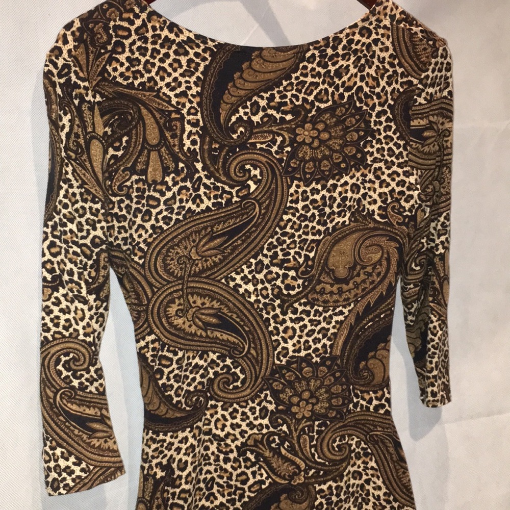 Joseph Ribkoff Brown Paisley And Leaopard Print V-Neck 3/4 sleeve Dress | 6 - Picture 5 of 8